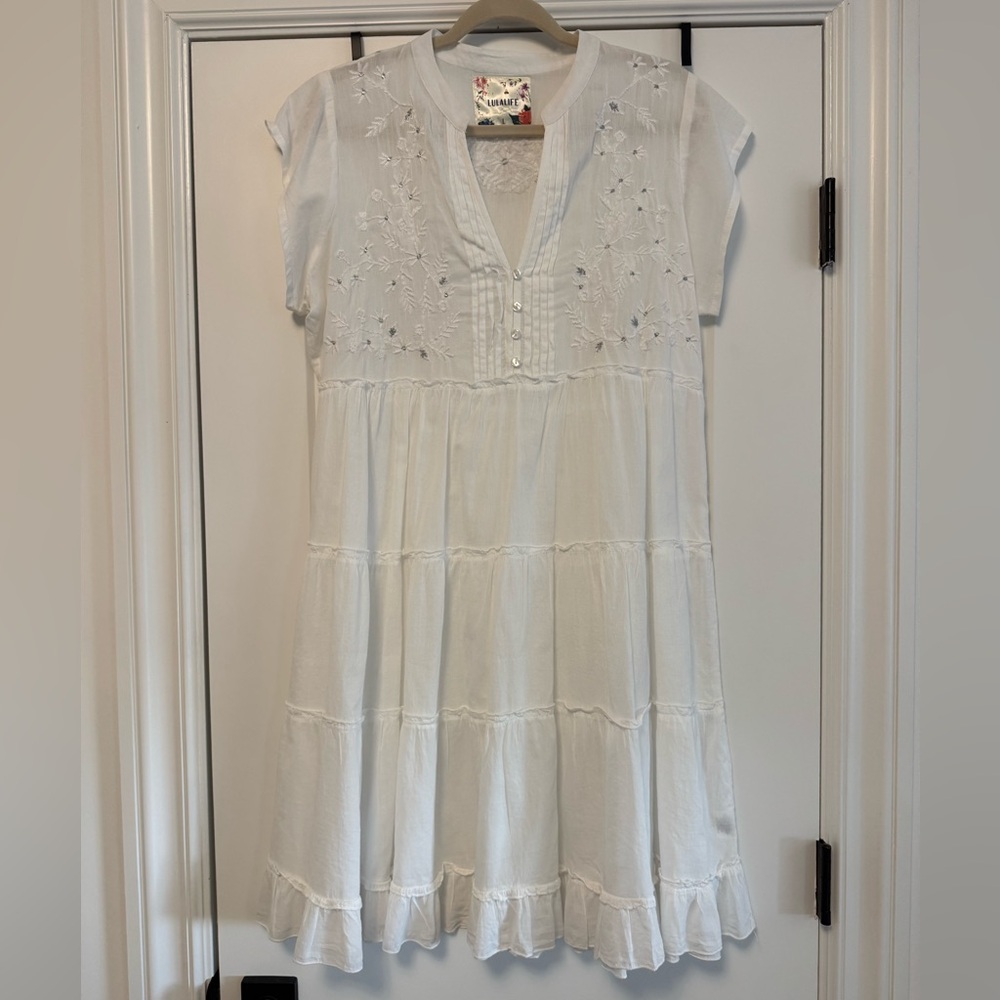 Lulalife White Embroidered Tiered Dress